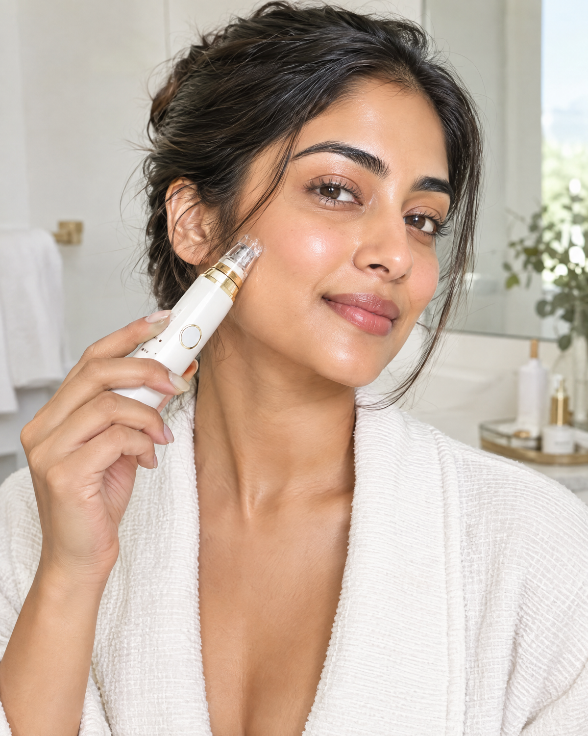 Woman using Oorvia Microinfusion System for radiant skin