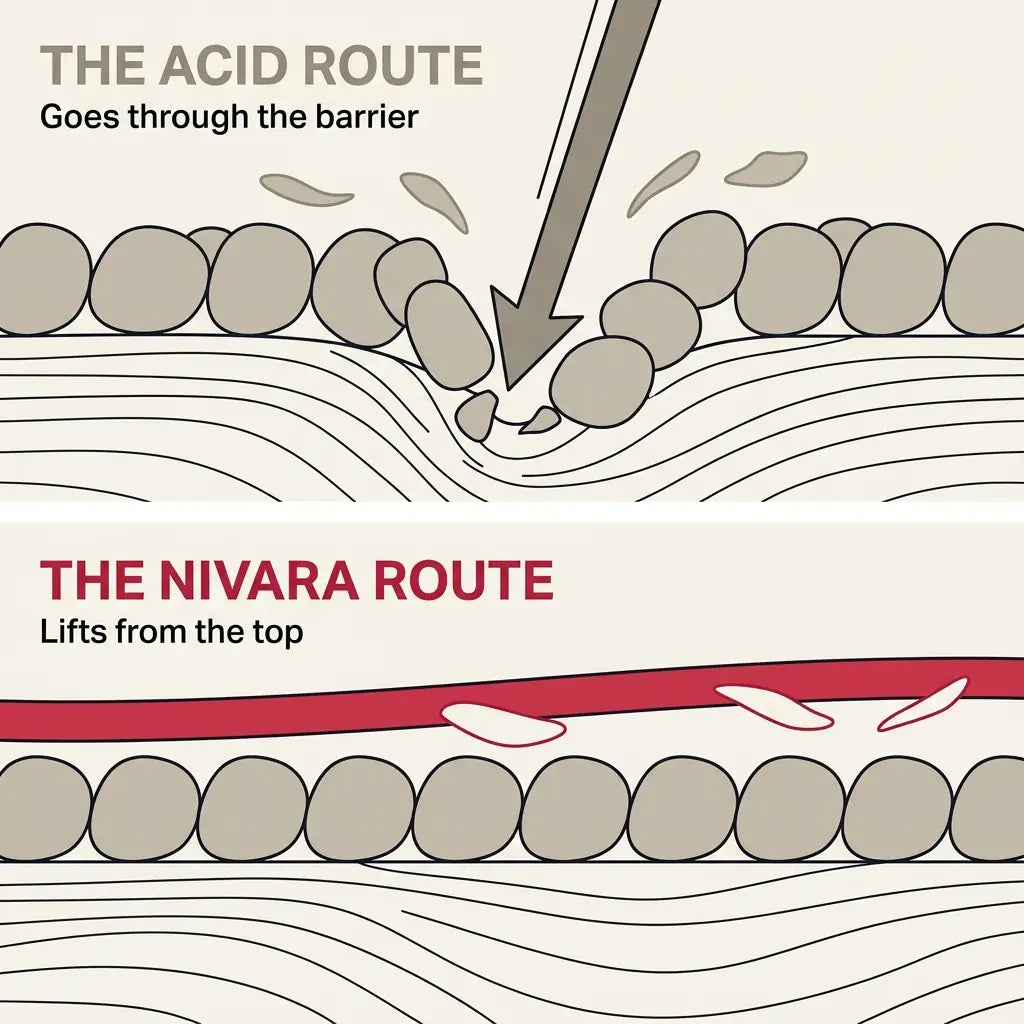 Cross-section of skin showing an acid cutting down through the barrier and succinic acid working across the surface