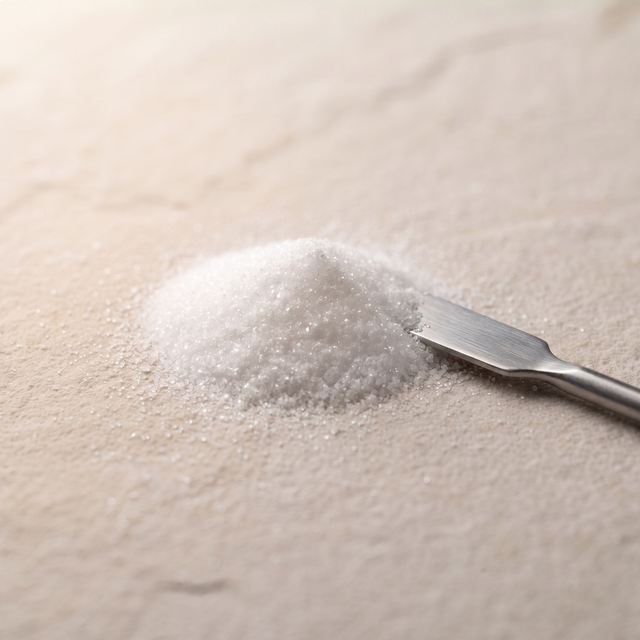 A fine mound of white niacinamide powder with a steel spatula