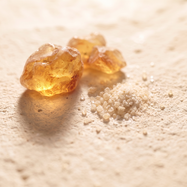 Raw amber resin beside pale succinic acid crystals