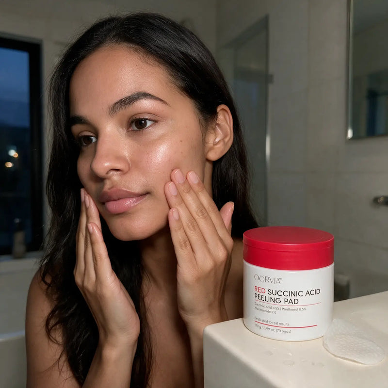 Pressing the remaining essence into the skin with both palms
